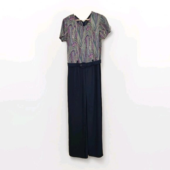 Cartise Intl Jumpsuit Womens 8 Navy Rainbow Wide Leg Palazzo Disco 90s VTG Boho - Picture 1 of 14
